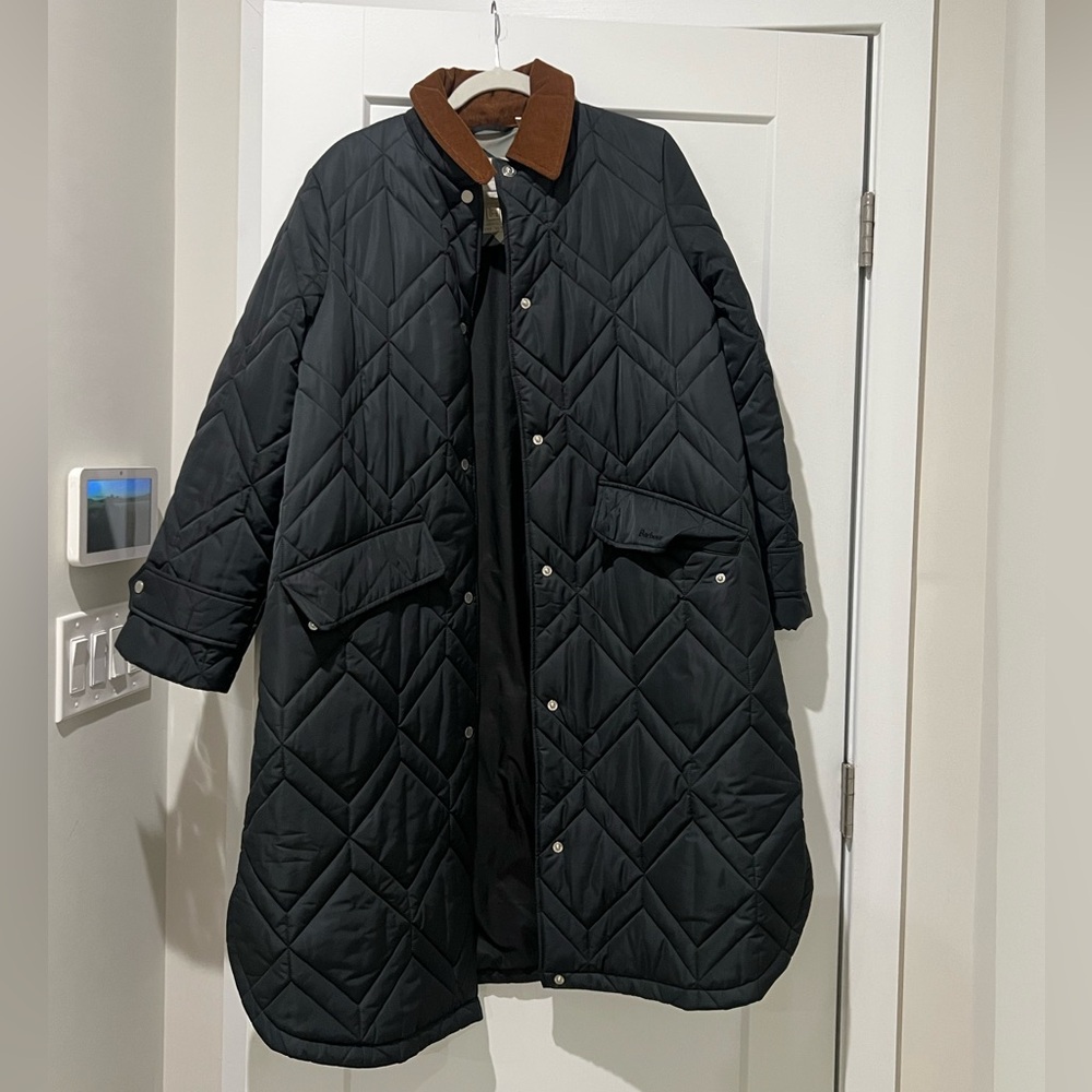 Barbour Black Quilted Puffer Coat with Brown Collar